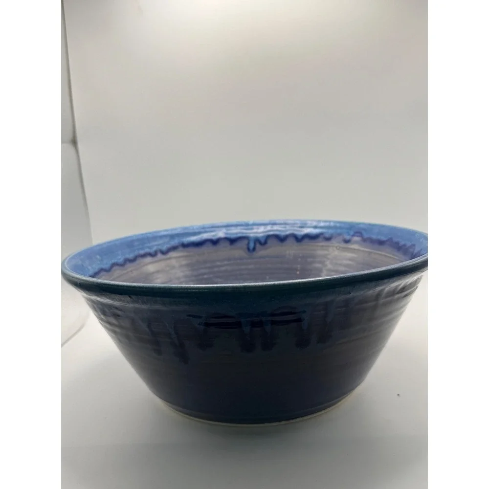 Handmade Studio Pottery Blue Drip Glaze Stoneware Serving Bowl Artisan Signed